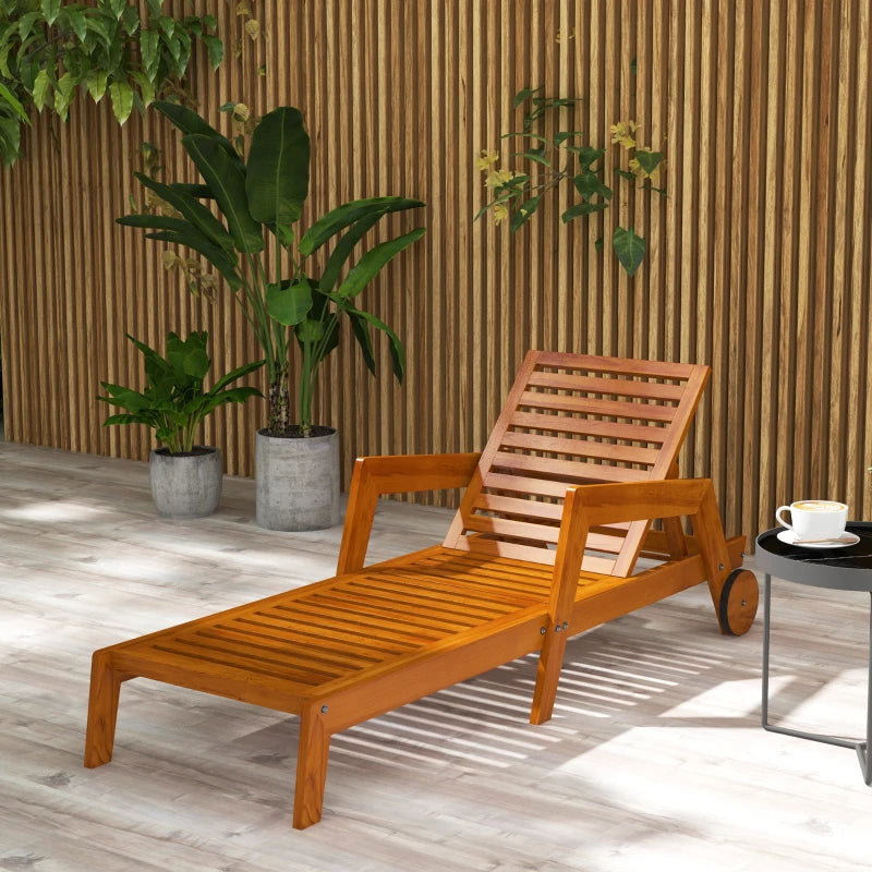 Wood Lounge Chair Outdoor Tanning Chair with Wheels, 3-Position Adjustable Backrest and Armrests, Orange