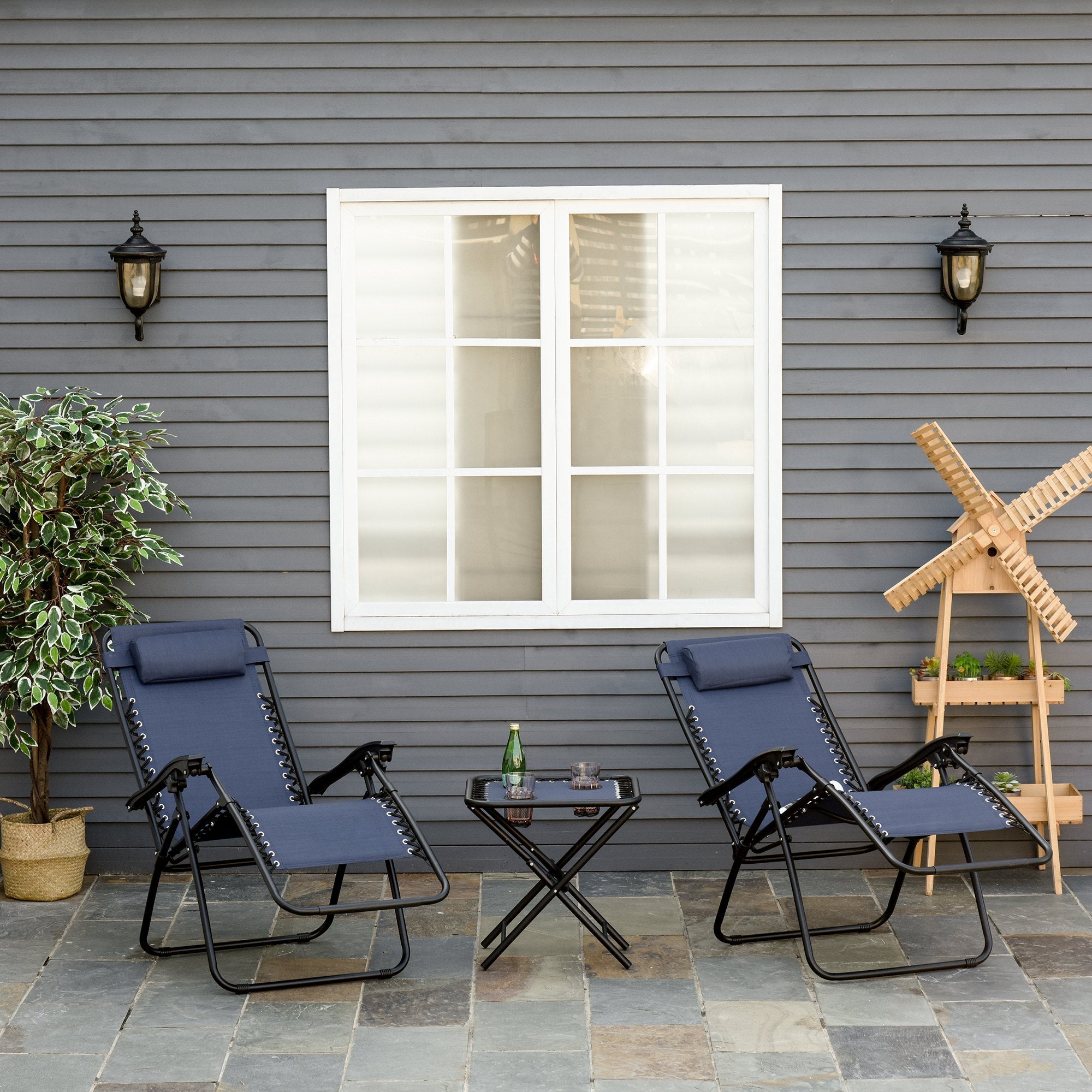 Outsunny 3pcs Zero Gravity Lounger Chair Set Patio Chaise Lounge Side Table Set w/ Cup Holder Blue