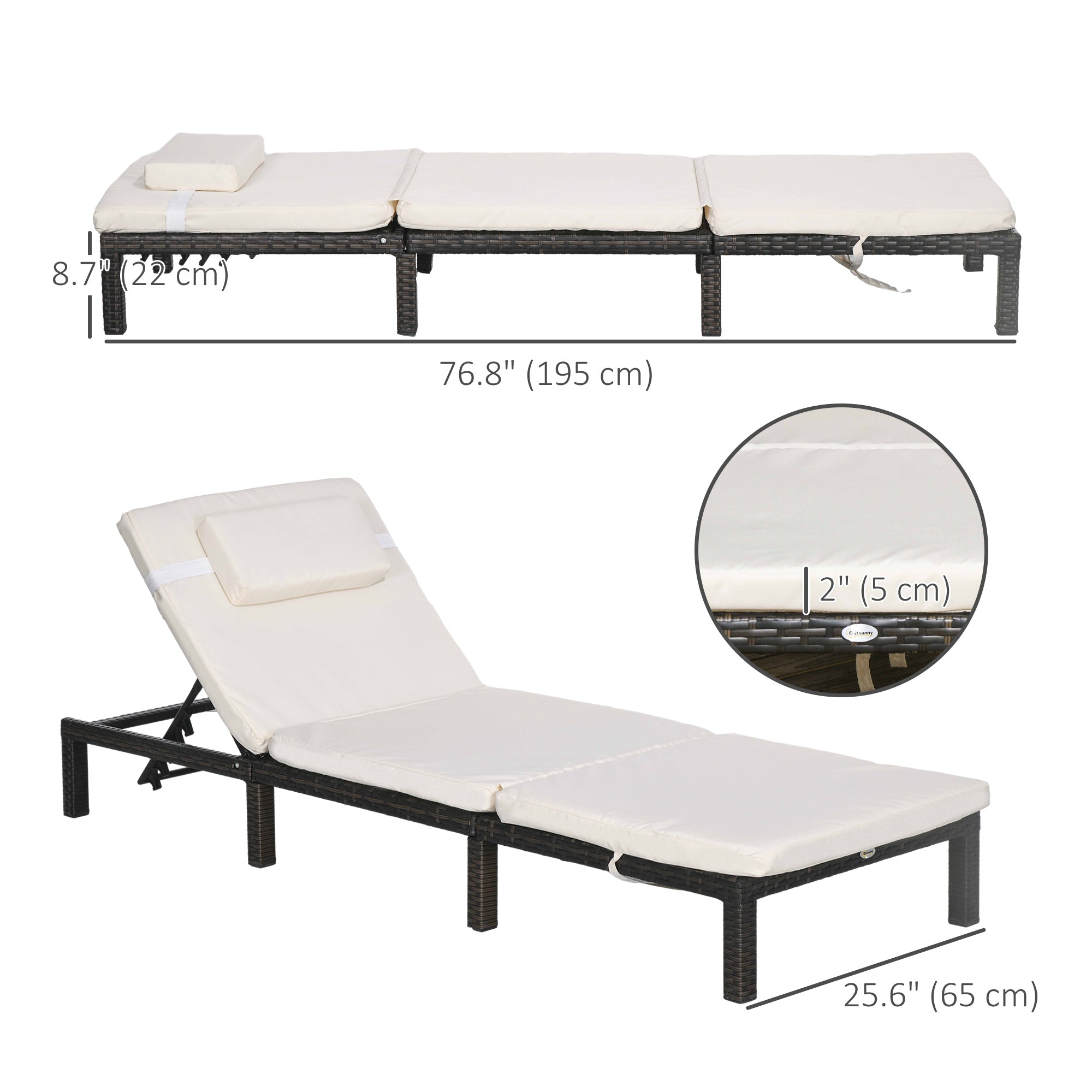 Outsunny Outdoor Chaise Lounge Patio Lounger 5-Level Adjustable Backrest Headrest Poolside Garden Backyard Cream White Color