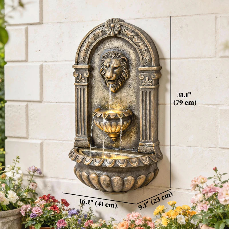 Wall-Mounted 3-Tier Outdoor Fountain, Resin Cascading Waterfall with LED Lights and Adjustable Flow, Rustic Brown