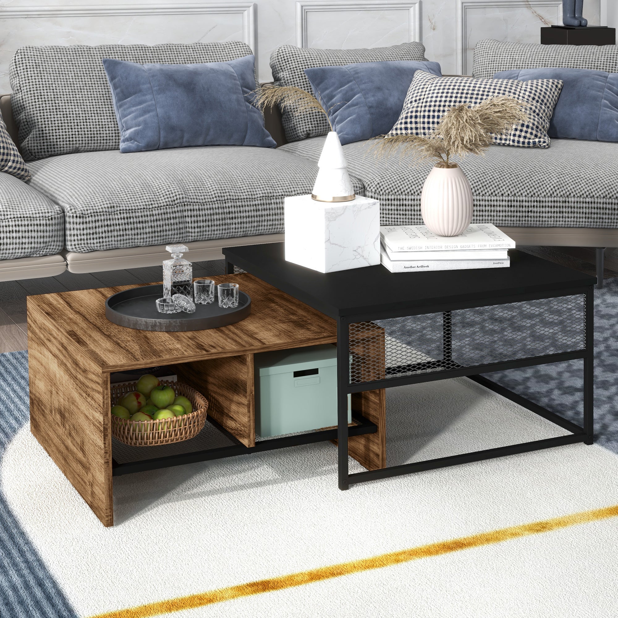 HOMCOM Coffee Table Set of 2 Industrial Nesting Tables Square Coffee Table and Narrow Sofa Side Table for Living Room