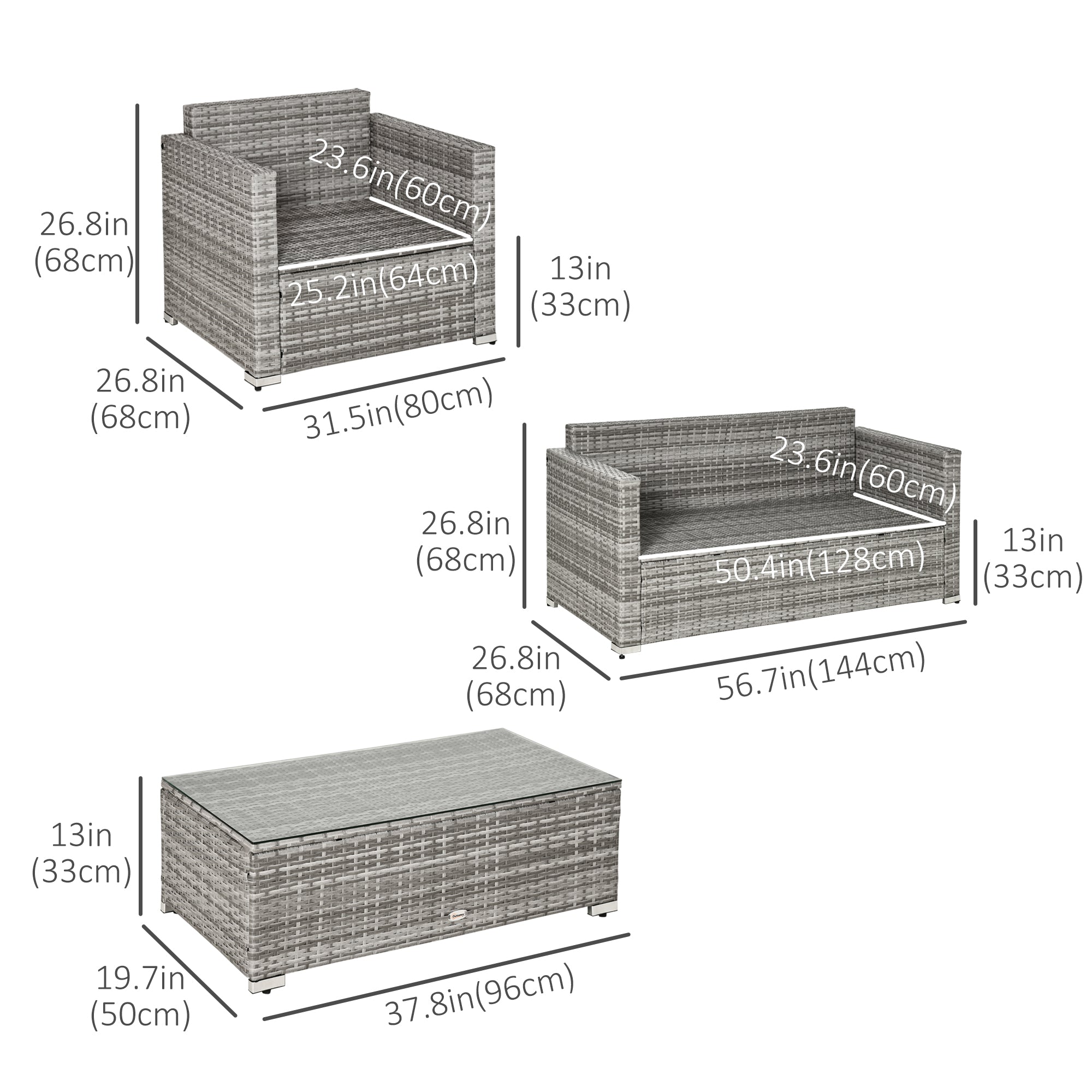 Outsunny Deluxe 4PC Outdoor Wicker Sofa Set PE Rattan Patio Furniture Extra Wide Seat Conversation Tempered Glass