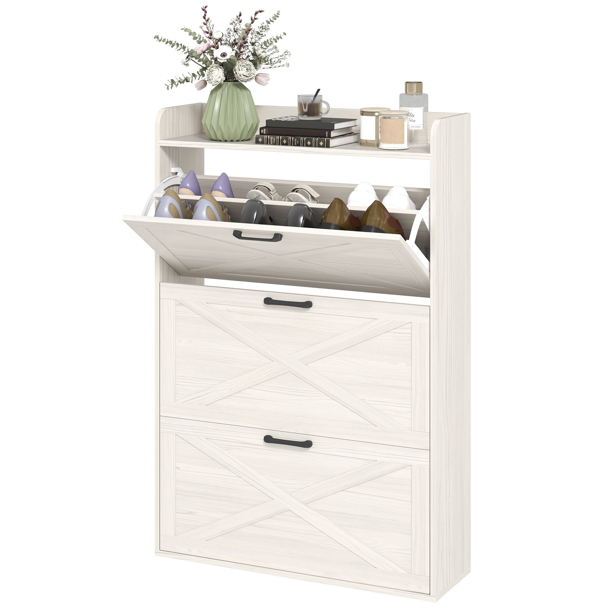HOMCOM Narrow Shoe Storage Cabinet Farmhouse Shoe Cabinet with 3 Flip Drawers Adjustable Shelves for Entryway White Wood Grain