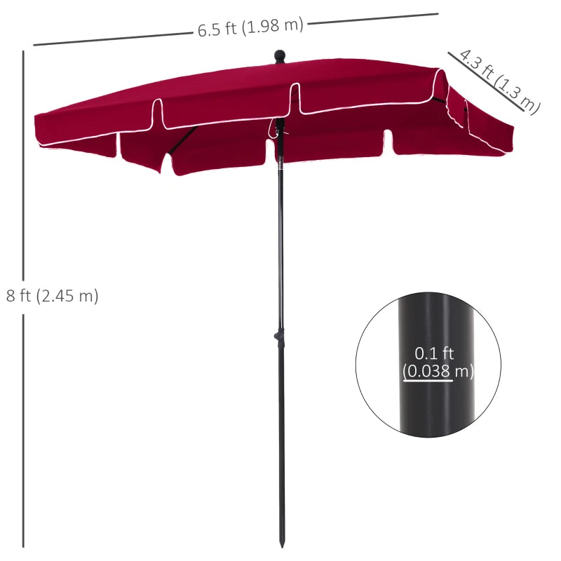 6.5x4ft Rectangle Patio Umbrella Aluminum Tilt Adjustable Garden Parasol Sun Shade Outdoor Canopy Red