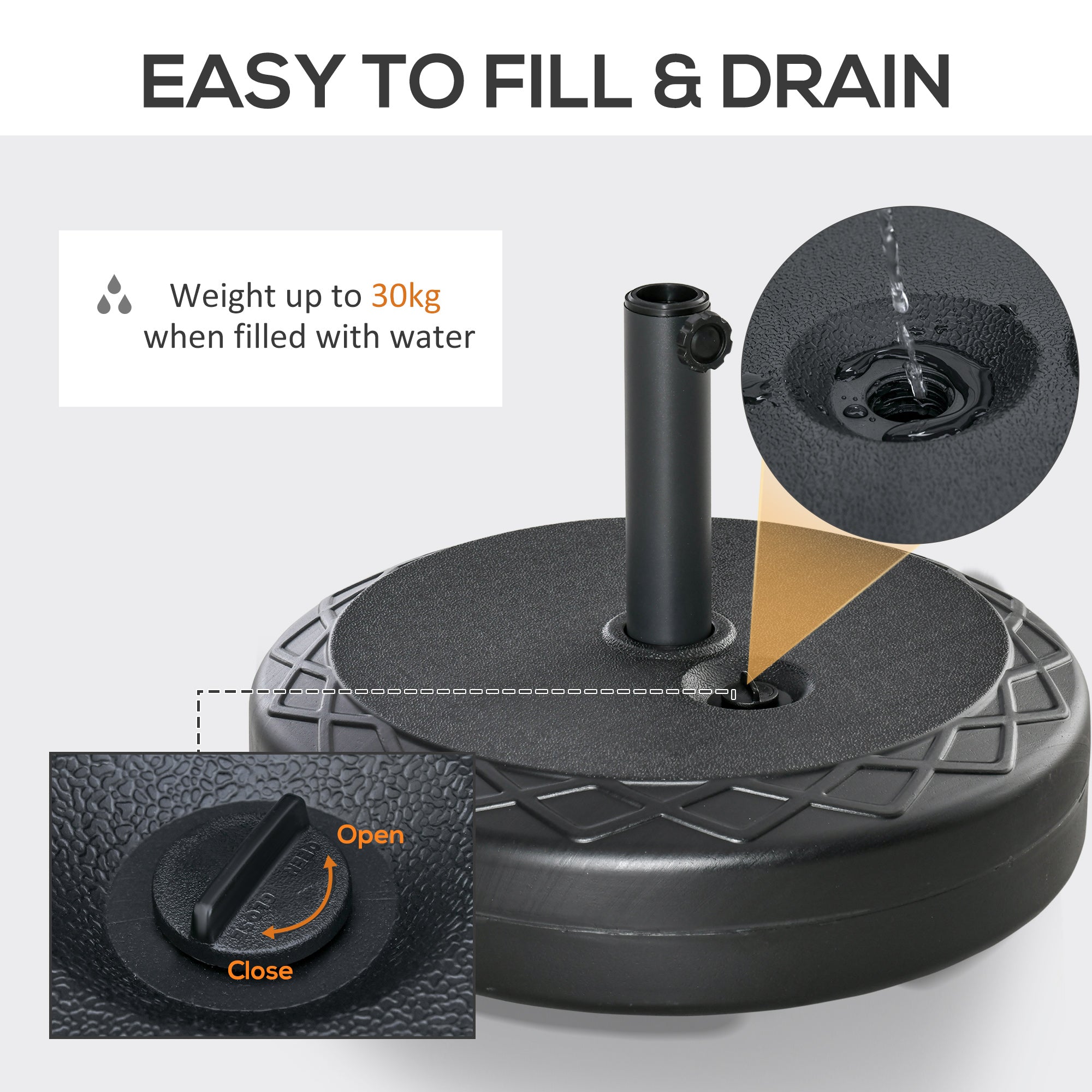 Outsunny 22" Round Parasol Base Outdoor Umbrella Stand Holder Black Water Filled for Φ38/48mm Poles