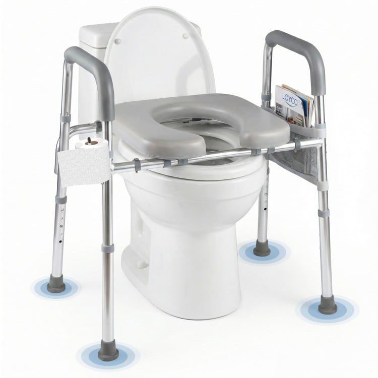Raised Toilet Seat with Handles and Padded Arms for Seniors-Silver