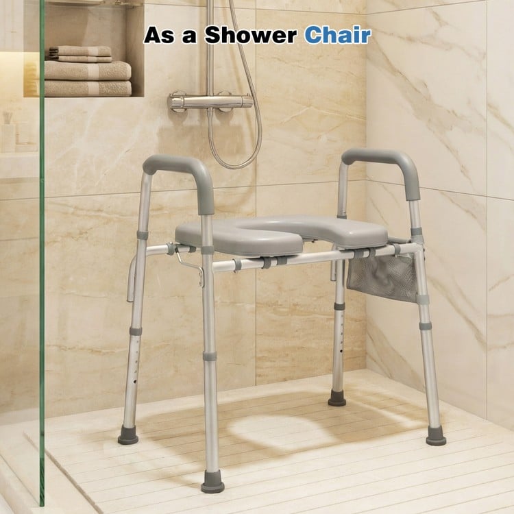Raised Toilet Seat with Handles and Padded Arms for Seniors-Silver