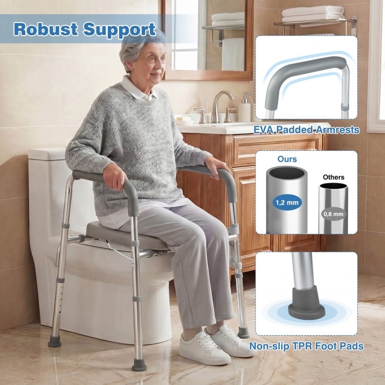 Raised Toilet Seat with Handles and Padded Arms for Seniors-Silver