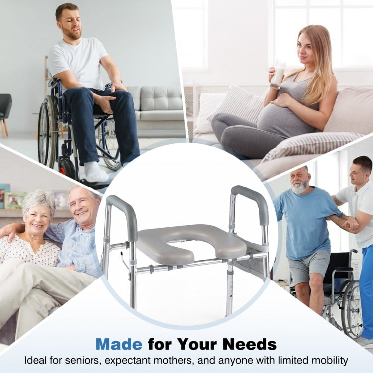 Raised Toilet Seat with Handles and Padded Arms for Seniors-Silver