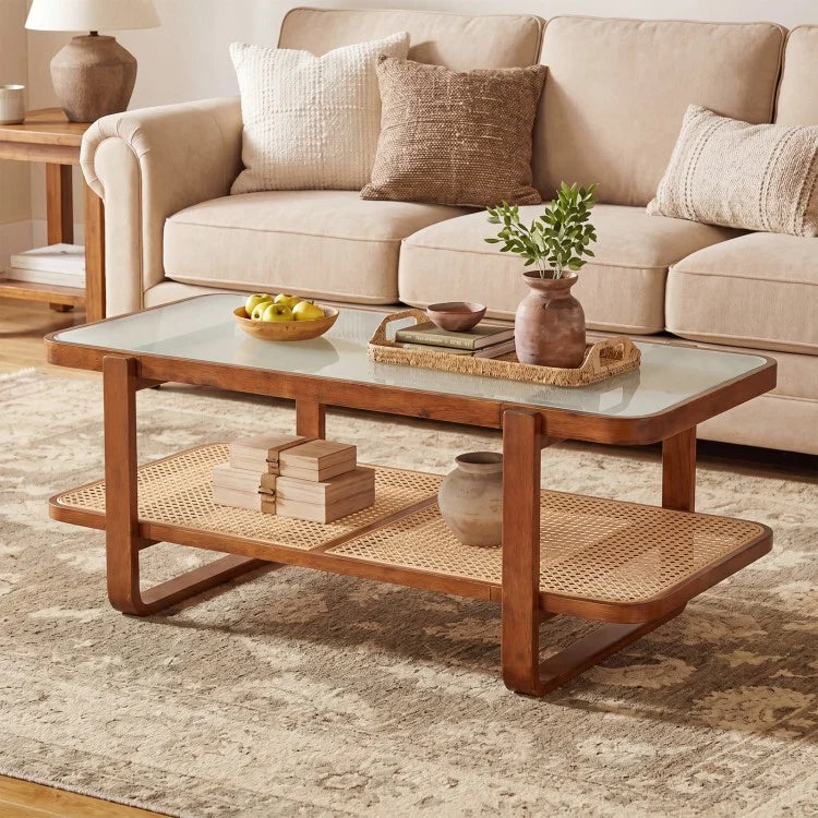 Rattan Coffee Table with Tempered Glass Top & Storage Shelf
