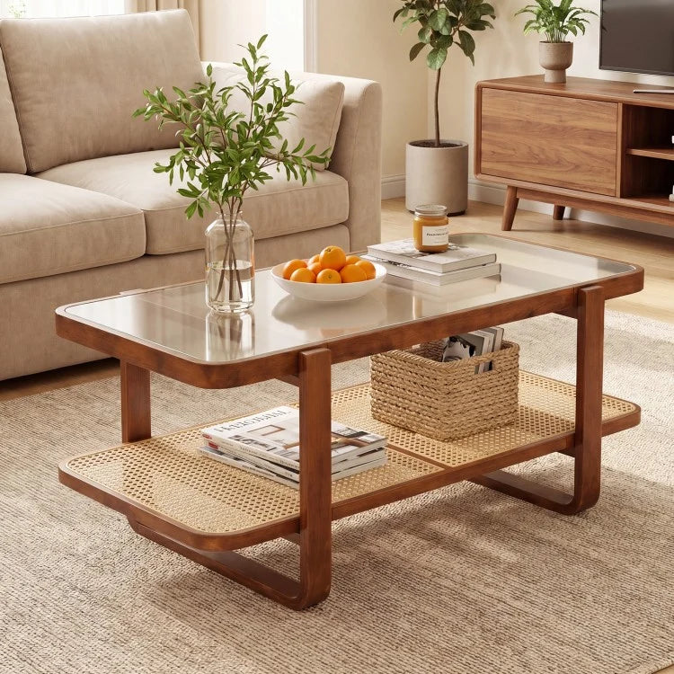 Rattan Coffee Table with Tempered Glass Top & Storage Shelf