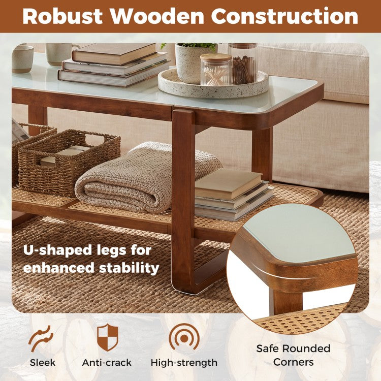 Rattan Coffee Table with Tempered Glass Top & Storage Shelf