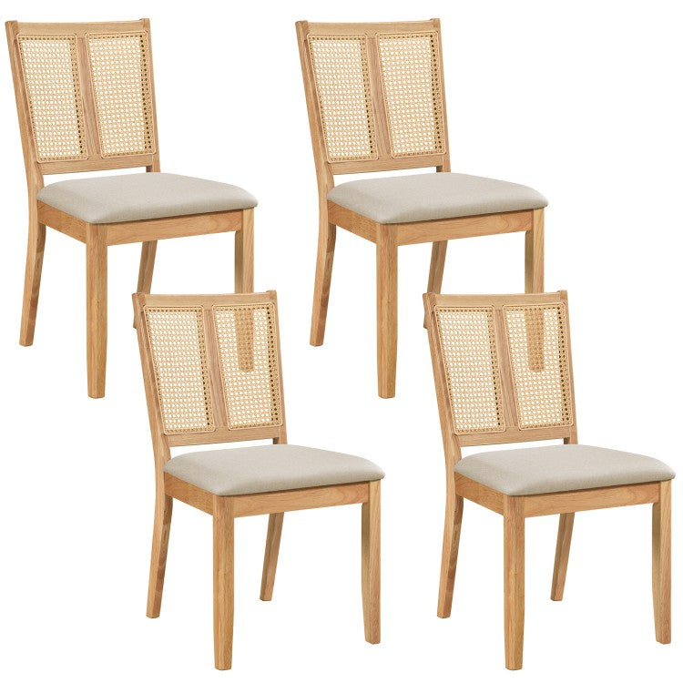 Set of 4 Rattan Dining Chairs with Curved Backrest & Upholstered Cushioned Seats