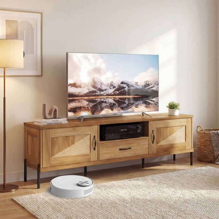Rattan TV Stand for TVs up to 80" Mid Century Modern Media Console Table with 2 Storage Cabinets-Natural
