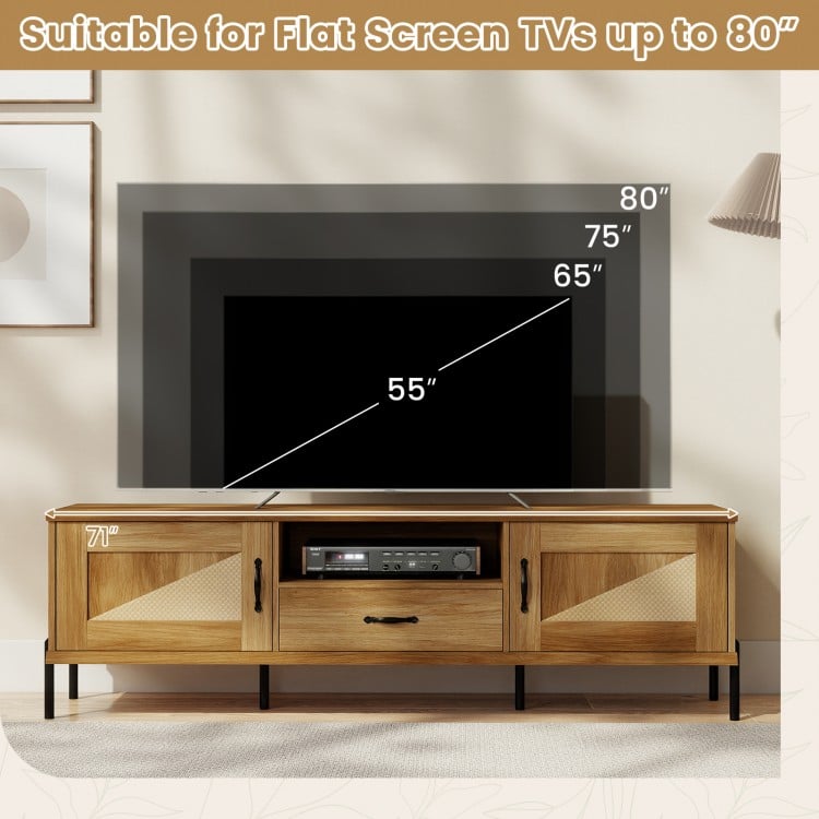 Rattan TV Stand for TVs up to 80" Mid Century Modern Media Console Table with 2 Storage Cabinets-Natural