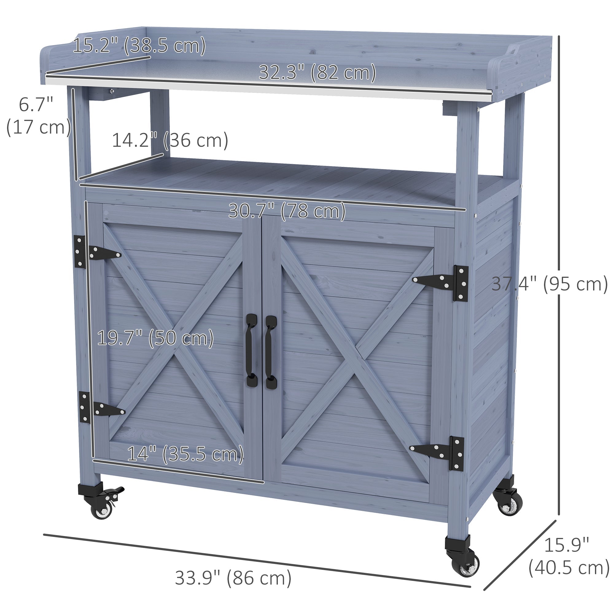 Outsunny Outdoor Wooden Potting Bench with Storage Cabinet, Aluminum Tabletop, Rubber Wheels for Backyard, Patio, Balcony, Grey