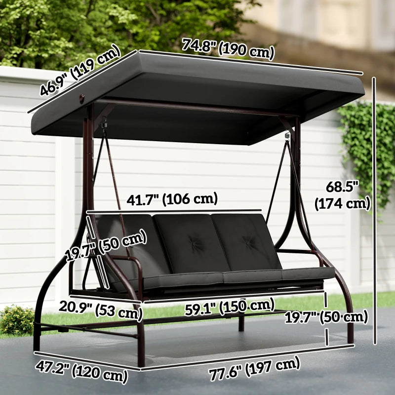 Convertible Patio Swing Bed with Canopy and Cushions, 3 Seater Porch Swing for Outdoor, Backyard, Garden, Dark Grey
