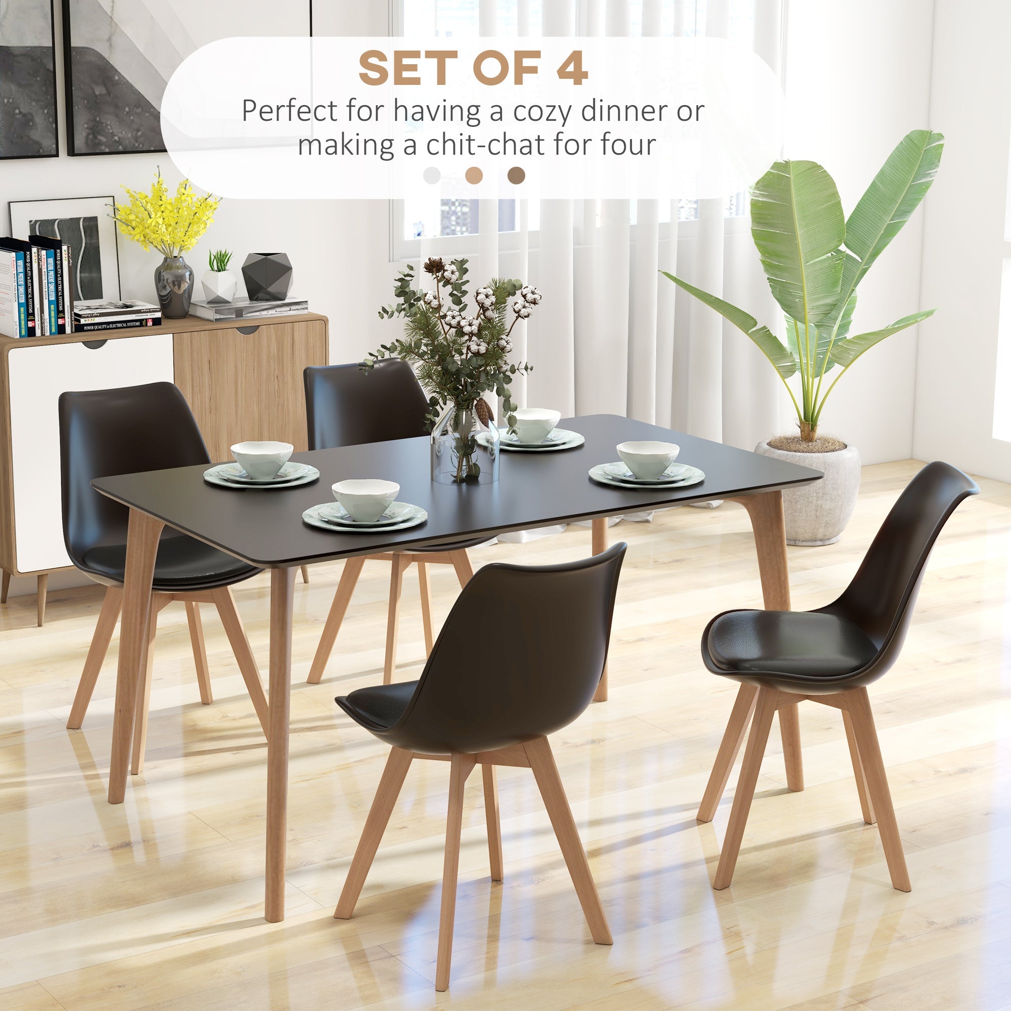 HOMCOM Modern Set of 4 Rubber Wood Dining Chairs PU Leather Cushion for Kitchen Living Room Bedroom