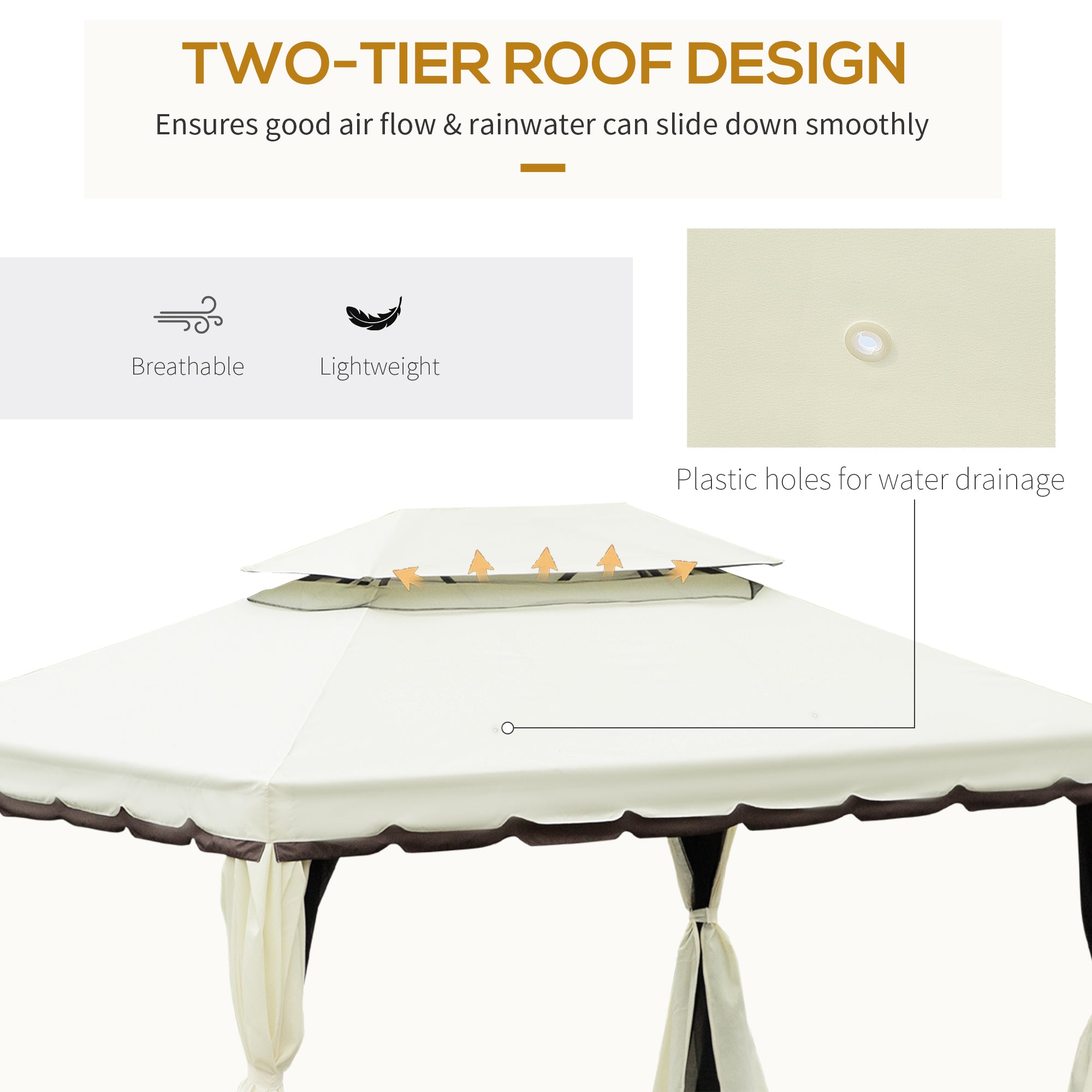 Outsunny 10 x 13ft Aluminum Frame Gazebo Canopy Double Tier Garden Shelter with Netting and Curtains, Cream White