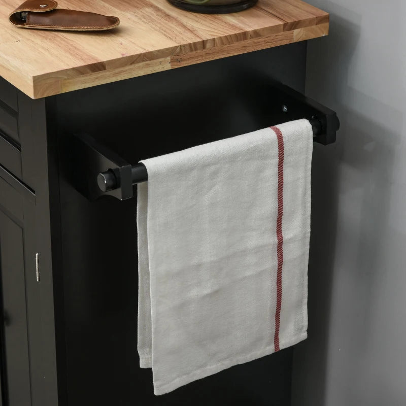 Rolling Kitchen Island with Rubber Wood Top and Storage, Spice Rack, Towel Rack, Black