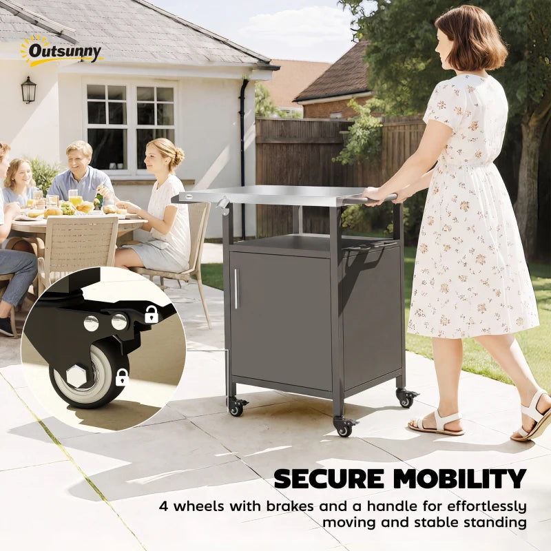 Outdoor Grill Cart with Steel top, Pizza Oven Stand with Cabinet, Spice Rack, Towel Holder, Bottle Opener, Brown