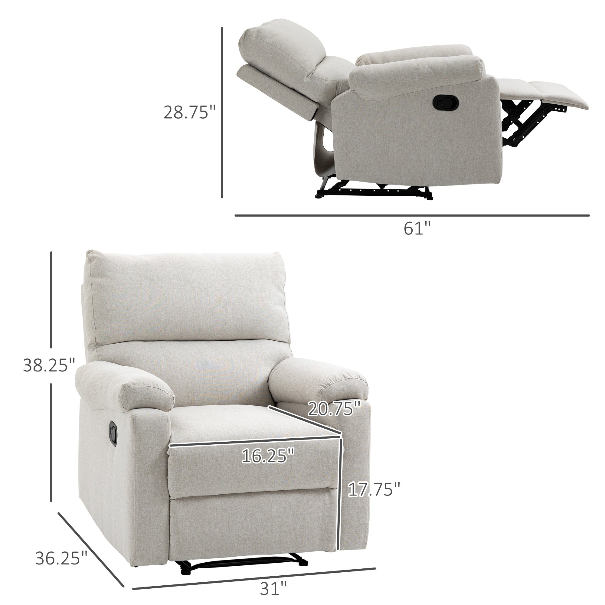 HOMCOM Recliner Sofa Manual Reclining Chair with Footrest Padded Seat for Living Room, Bedroom, Study, Cream White