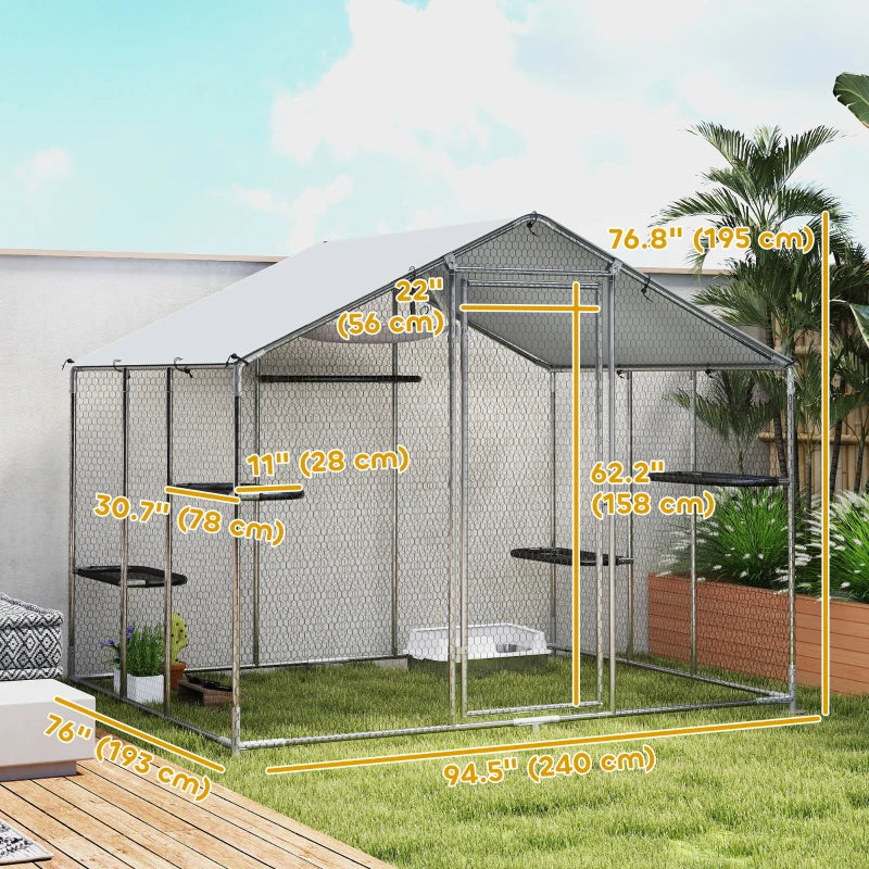 Large Catio Outdoor Cat Enclosure with Waterproof Cover, Walk-in Cat Patio w/ 5 Adjustable Platforms & Hammock 94.5" W