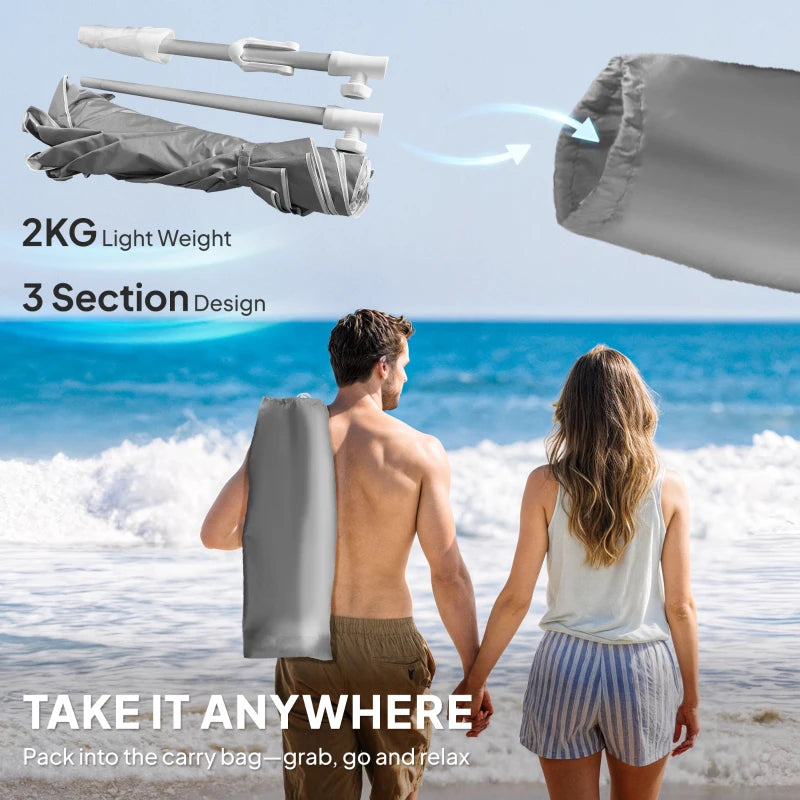 6 ft Beach Umbrella Portable with Sand Anchor, Carry Bag, Adjustable Height & Tilt, UPF50+ UV Protection, Grey