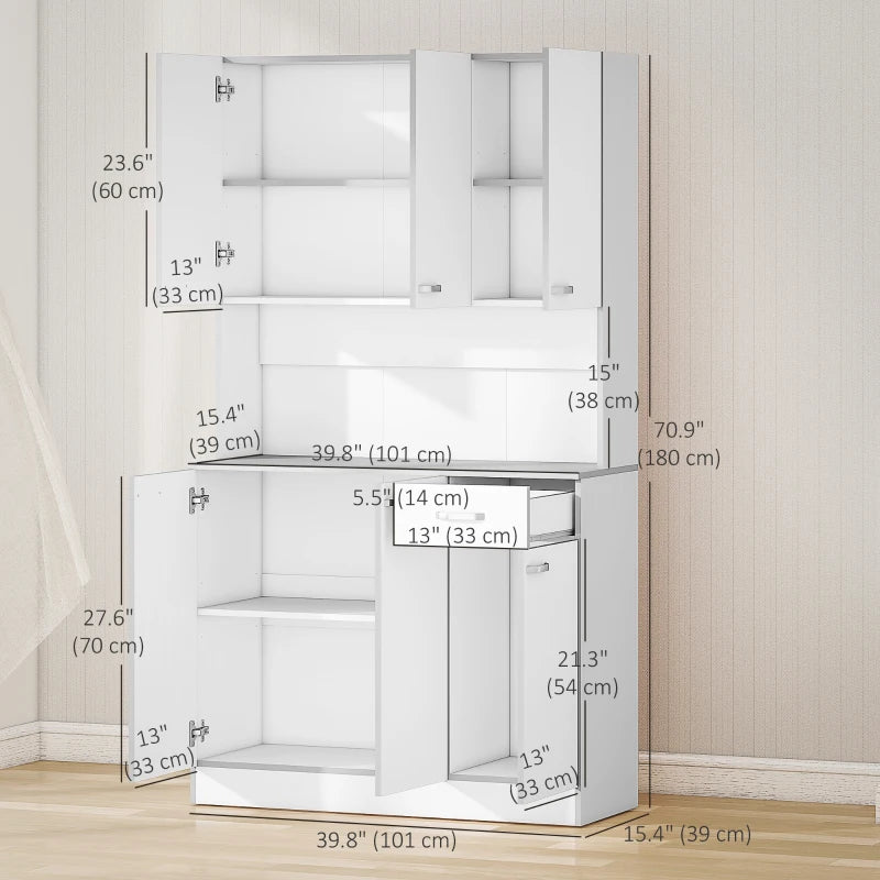 71" Modern Buffet with Hutch, Standing Kitchen Hutch with Storage Cabinets, Drawer, Open Space with Microwave Stand, White