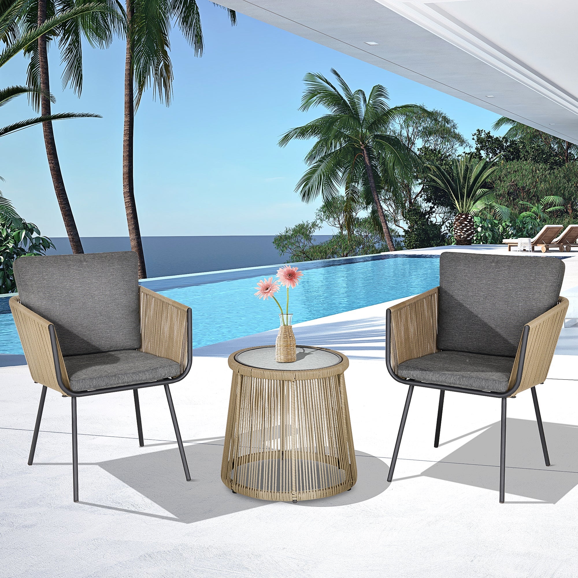 Outsunny Wicker Rattan 3 PCS Bistro Set Webbed Patio Furniture Conversation Chairs Coffee Table Metal Legs Garden Backyard Deck