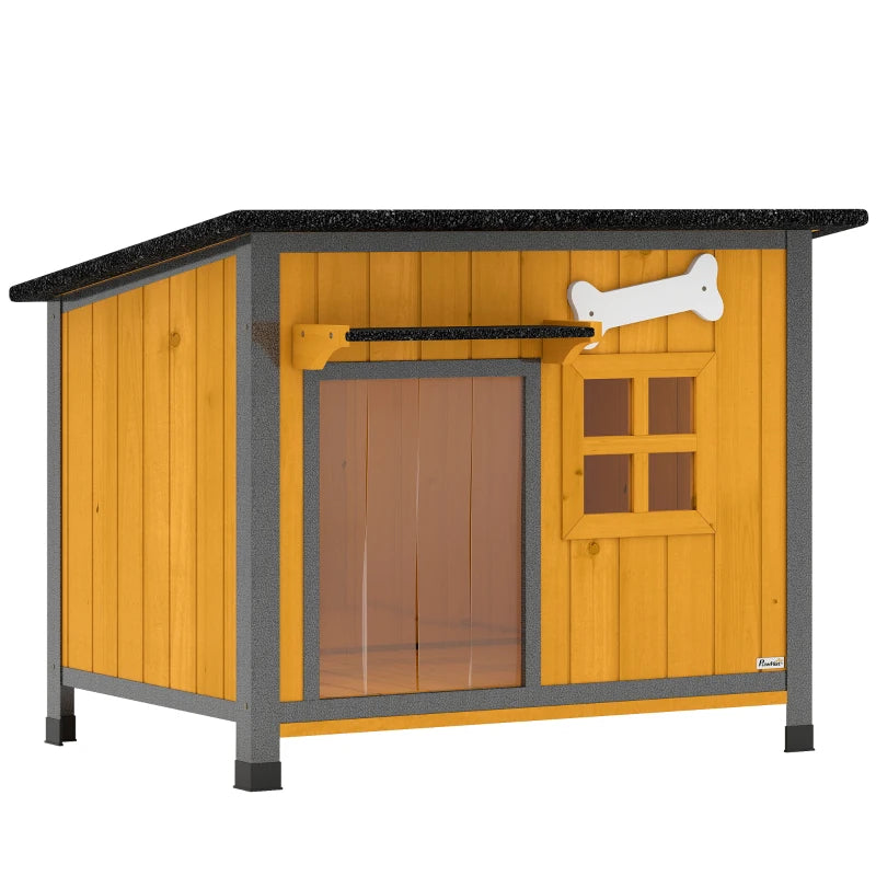 Outdoor Dog House with Anti-Chewing Steel Frame, Openable Roof, Removable Floor, Door Curtain, Yellow