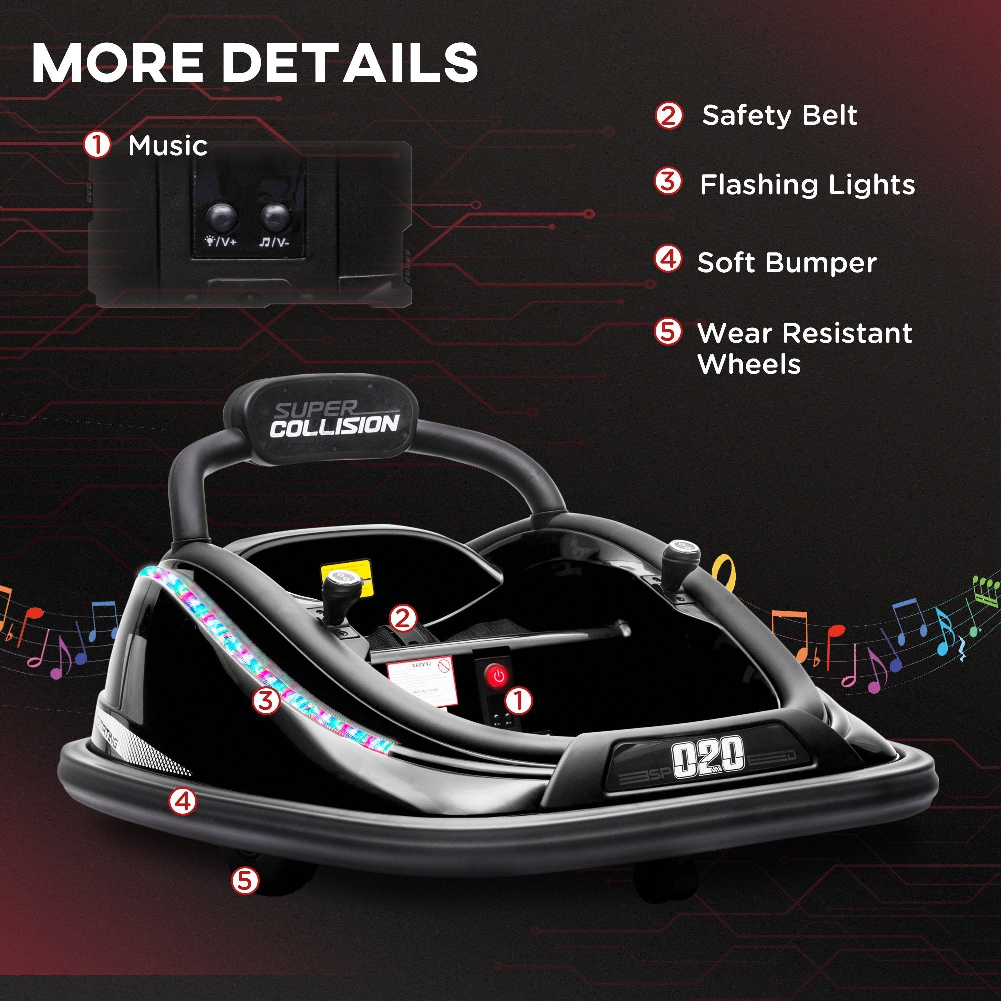 Aosom 12V Kids Bumper Car: 360° Rotation, Twin Motor, Remote Control, LED Lights, Belt