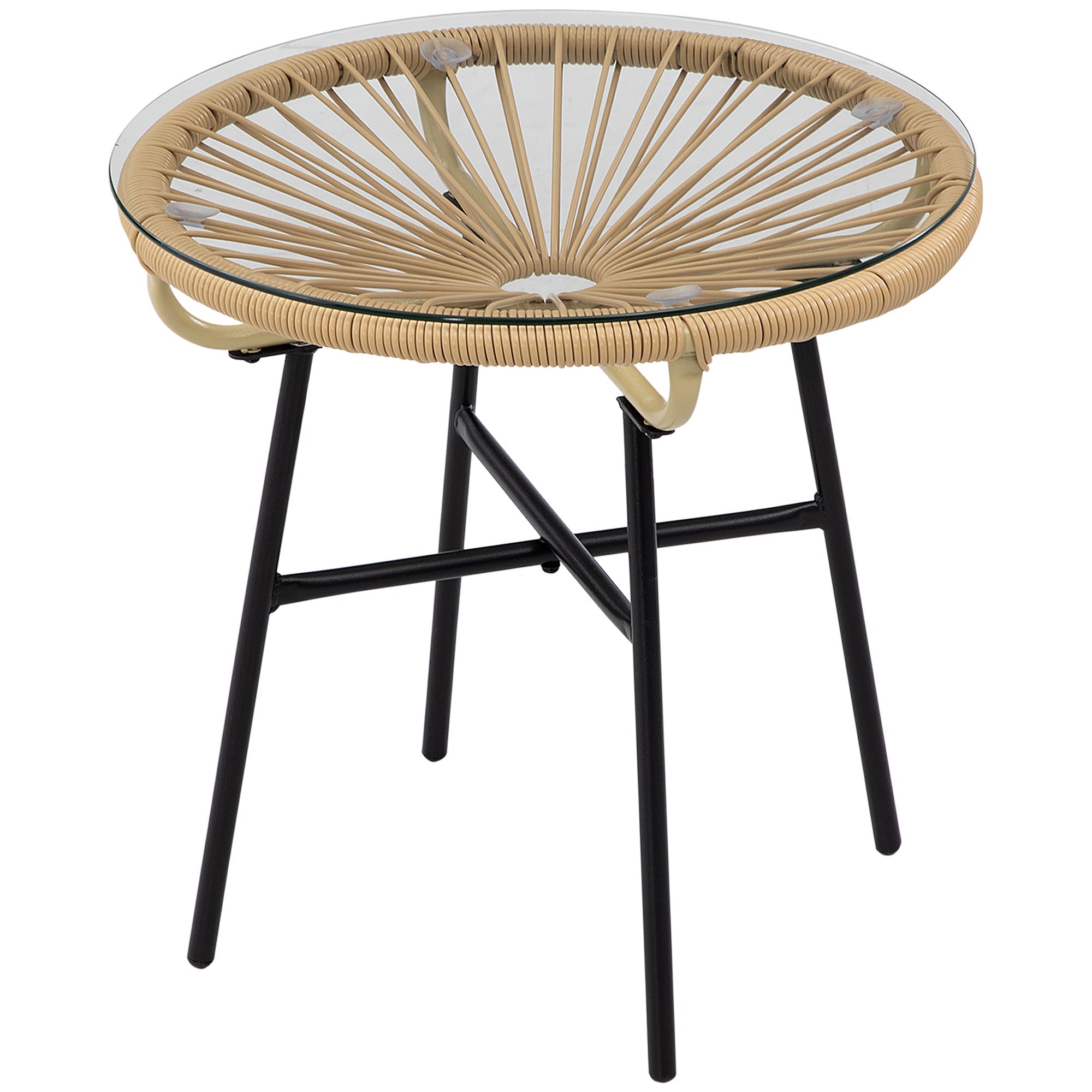 Outsunny Rattan Side Table Round Outdoor with PE Rattan Tempered Glass Top Patio Garden Beige