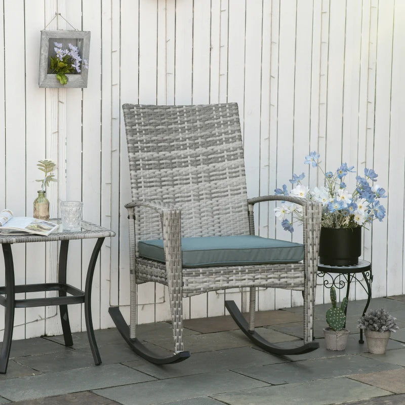 Outdoor PE Rattan Rocking Chair, Garden Glider Rocking Chair, Wicker Patio Chair Set with Armrest and Cushion, Grey