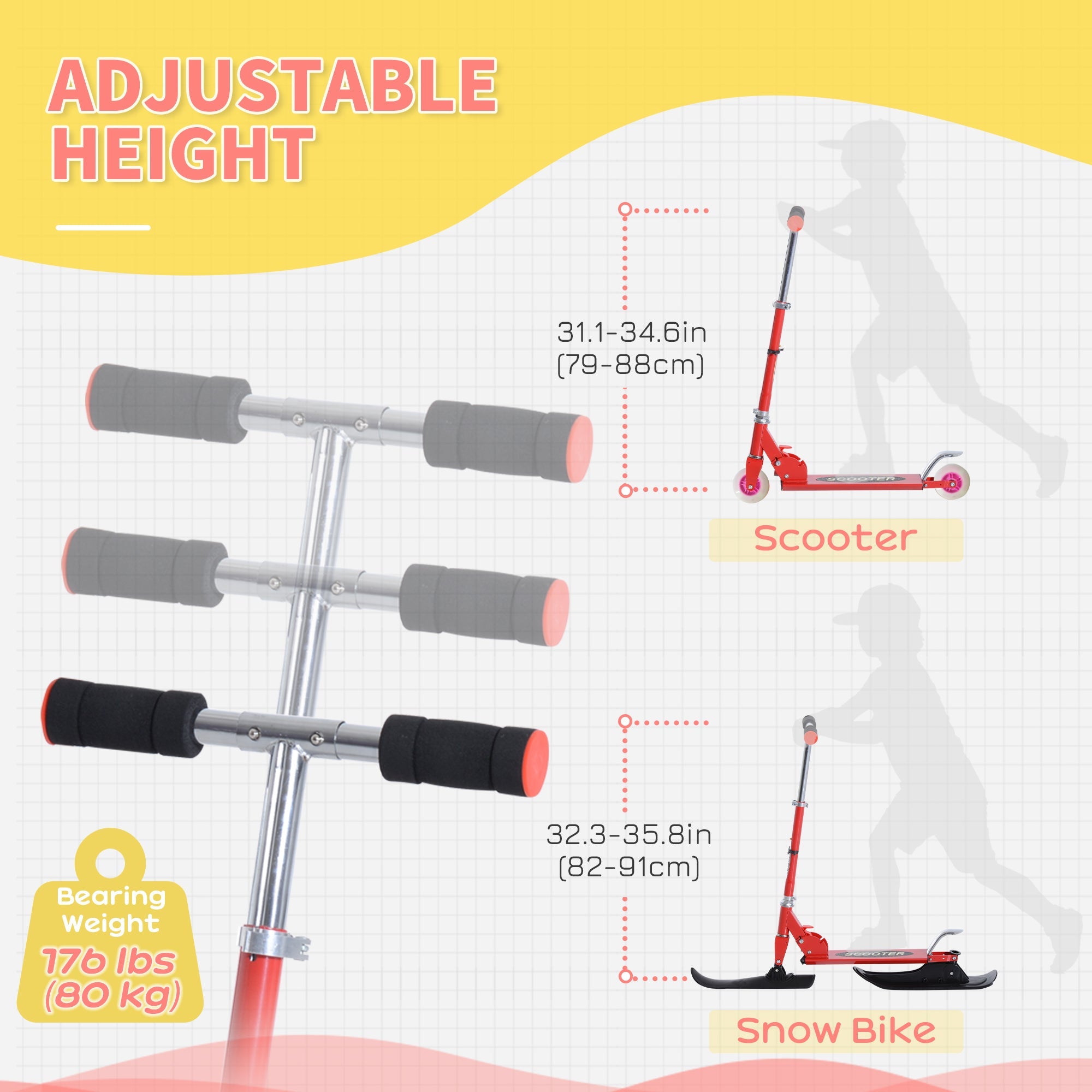 Qaba 2-in-1 Red Scooter for All Seasons - Convertible Street & Snow Scooter with Wheels & Blades