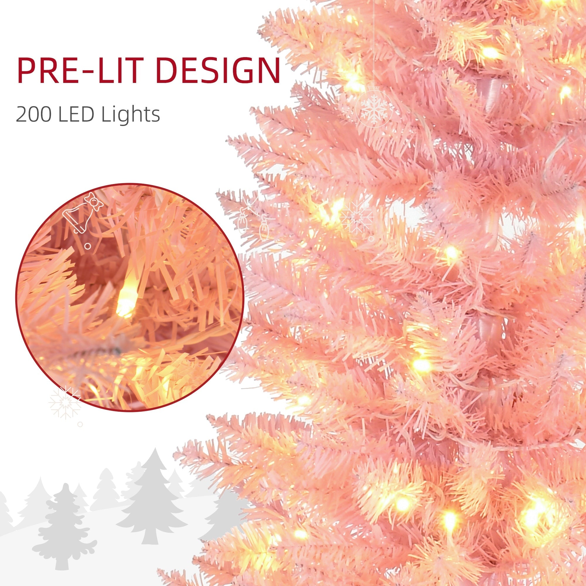 HOMCOM 7' Pre Lit Artificial Pencil Christmas Trees, Xmas Tree with Realistic Branches and Warm White LED Lights, Pink