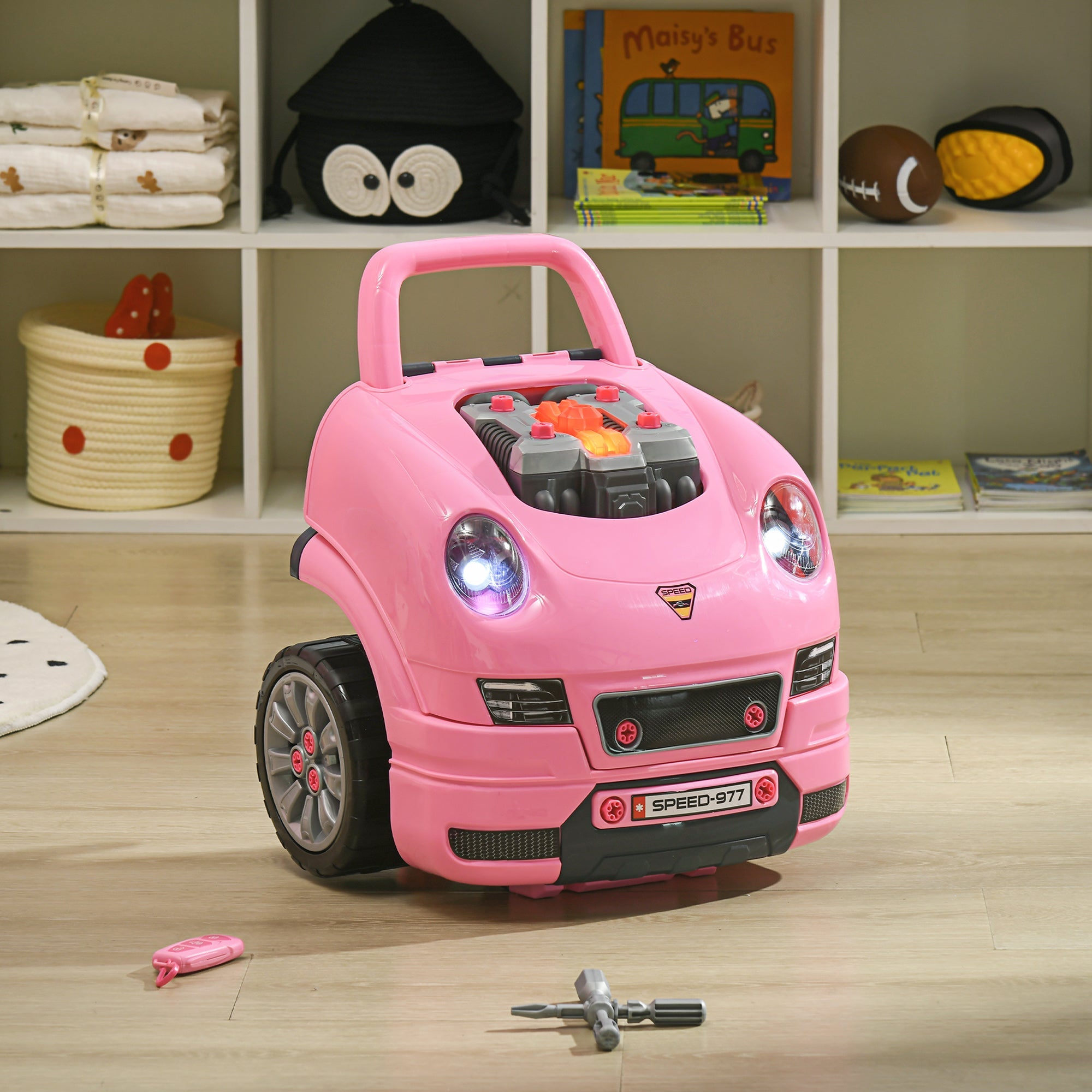 Qaba Kids Mechanic Truck Engine Repair Toy Set Car Service Pink Playset with Tools for Pretend Play
