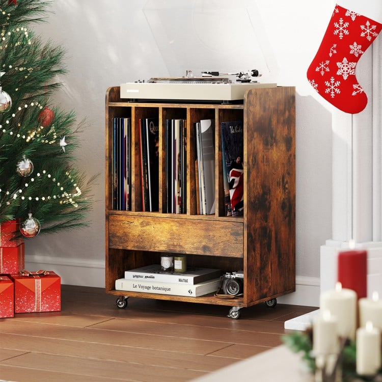 Record Player Stand Turntable Stand with Drawer and Record Holder-Brown
