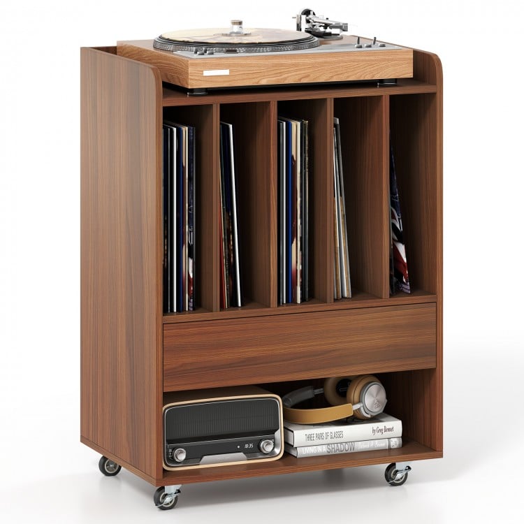 Record Player Stand Turntable Stand with Drawer and Record Holder-Walnut