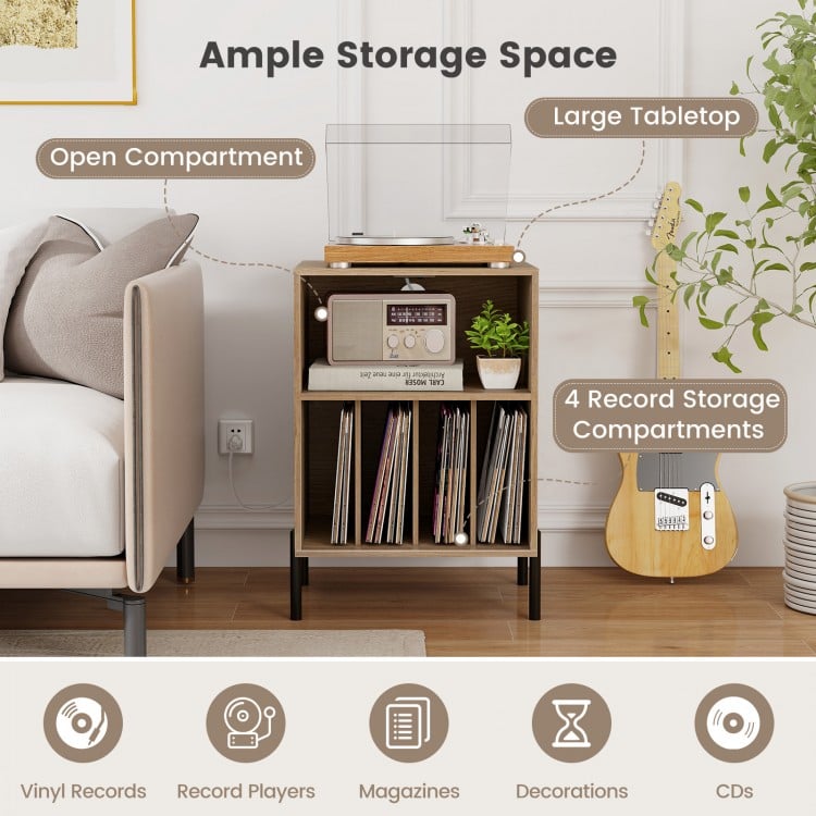 Record Player Stand with Record Storage Shelf and Charging Station-Natural