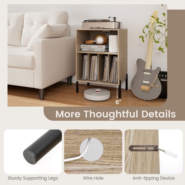 Record Player Stand with Record Storage Shelf and Charging Station-Natural