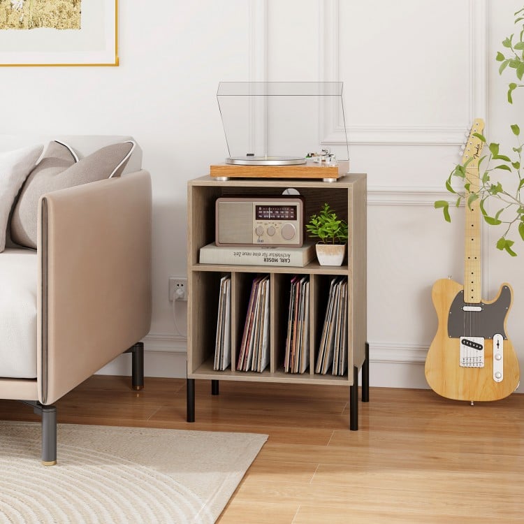 Record Player Stand with Record Storage Shelf and Charging Station-Natural