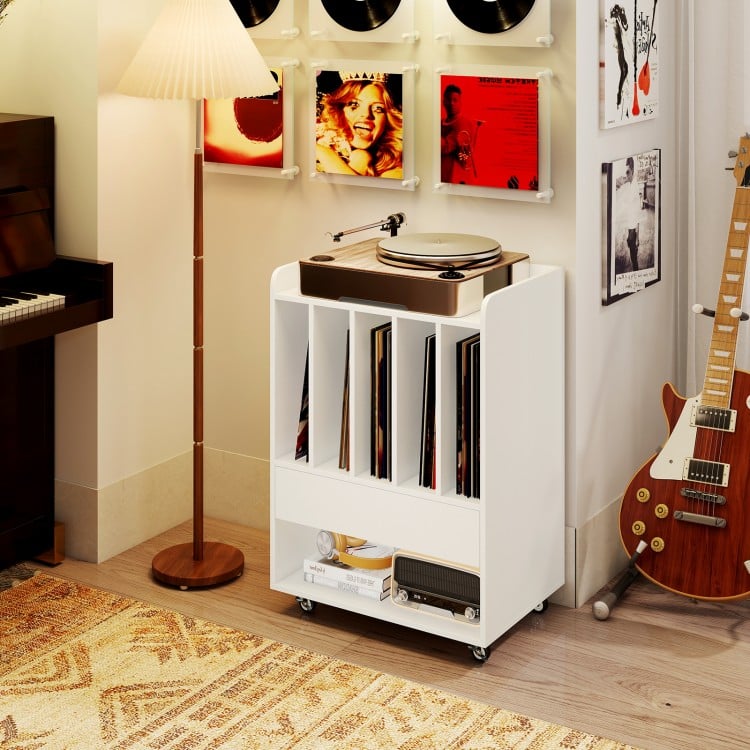 Record Player Stand Turntable Stand with Drawer and Record Holder-White
