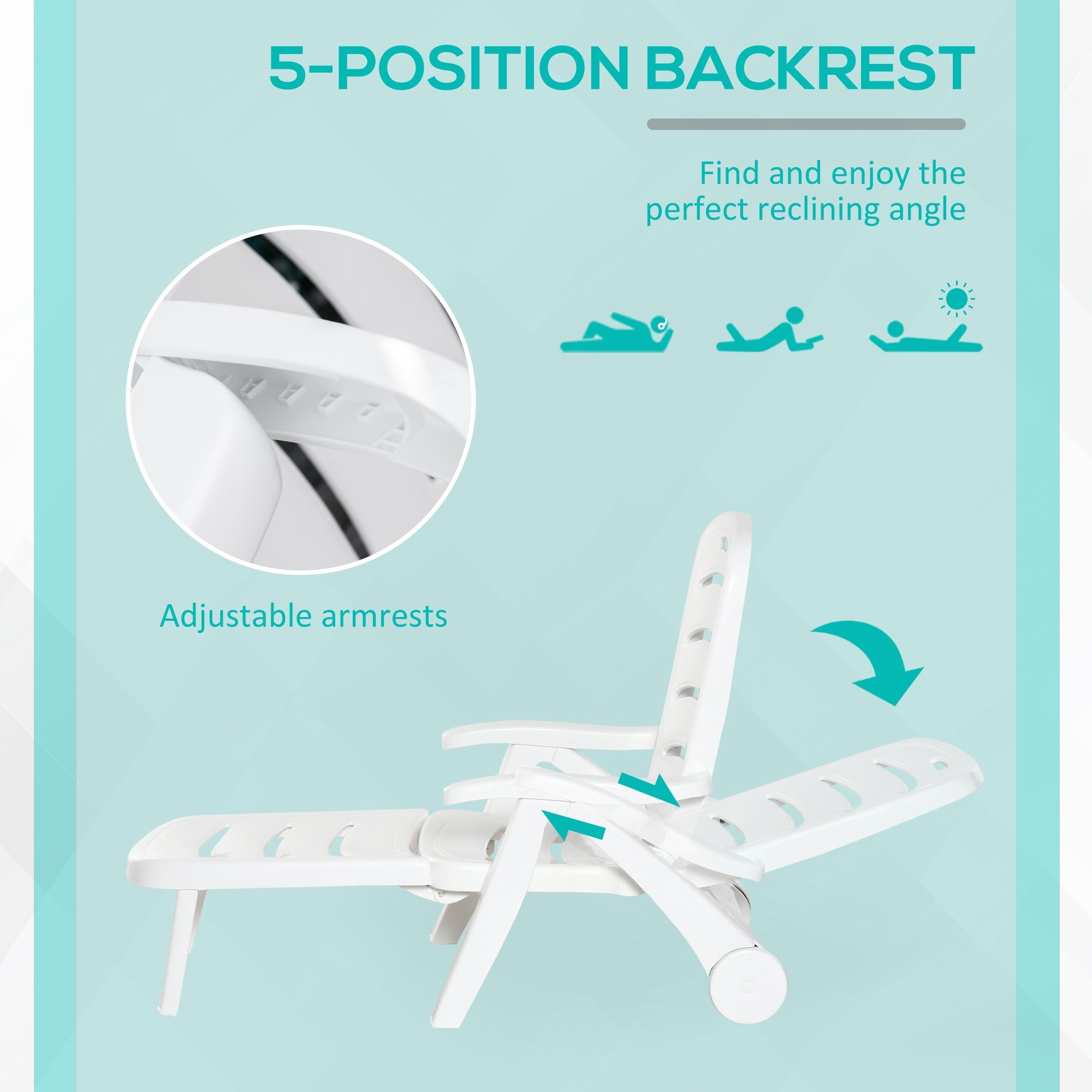 Outsunny Outdoor Folding Chaise Lounge Chair with Wheels, 5 Level Adjustable Backrest for Pool, Beach, Patio, Garden, White