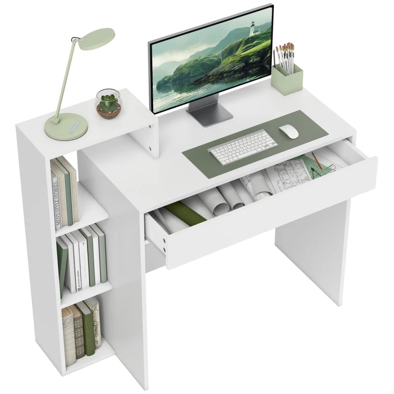 Desk with Storage, Computer Desk with 3 Open Shelves and Drawer White