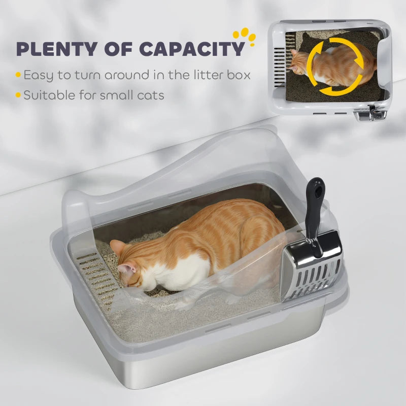 Cat Litter Box Stainless Steel with Metal Litter Scoop, Never Absorbs Odors, Anti Leakage, 17" x 13" x 10", Grey