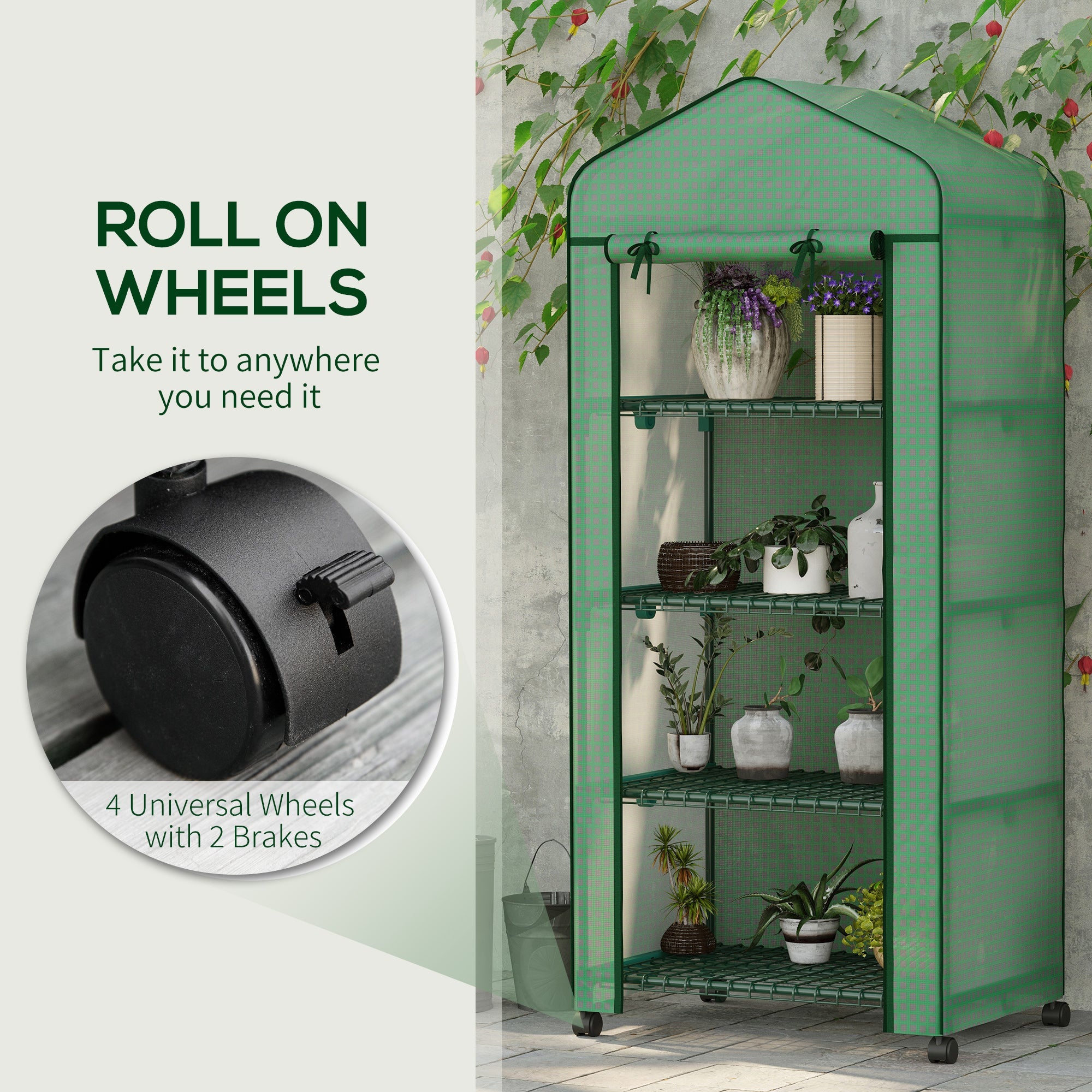 Outsunny Portable Grow Nursery: 4 Tier Shelves PE Cover Outdoor Garden Plant Flower House, Green