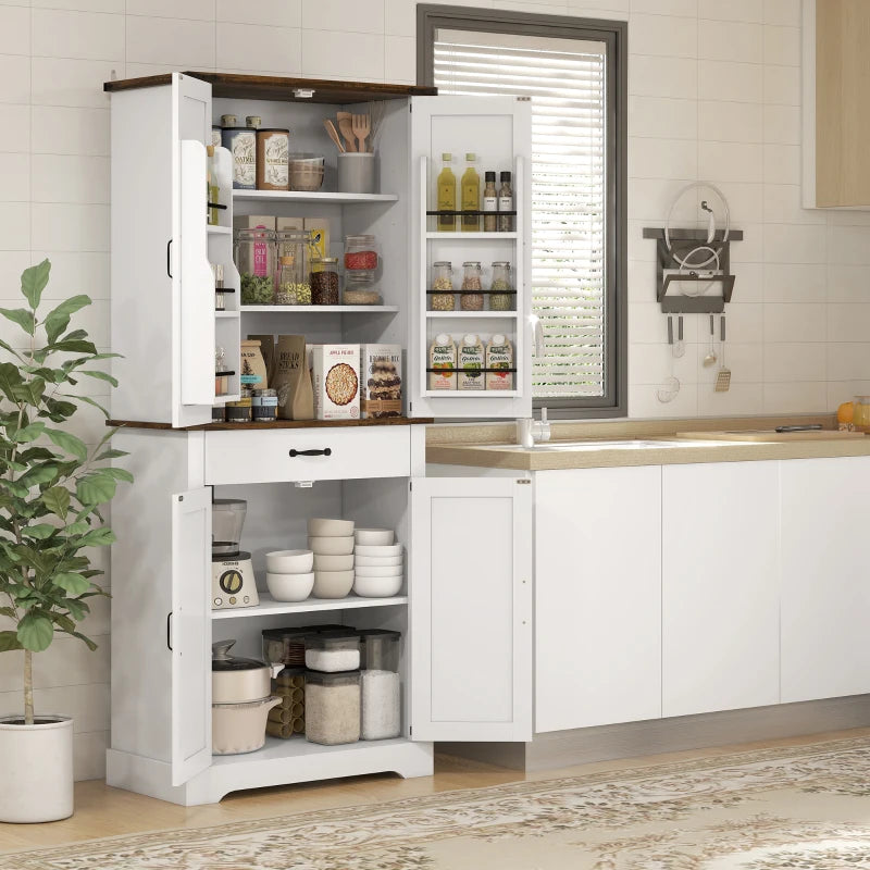71" Tall Kitchen Cabinet, Farmhouse Pantry Cabinet with Barn Doors, Drawer and Adjustable Shelves, White