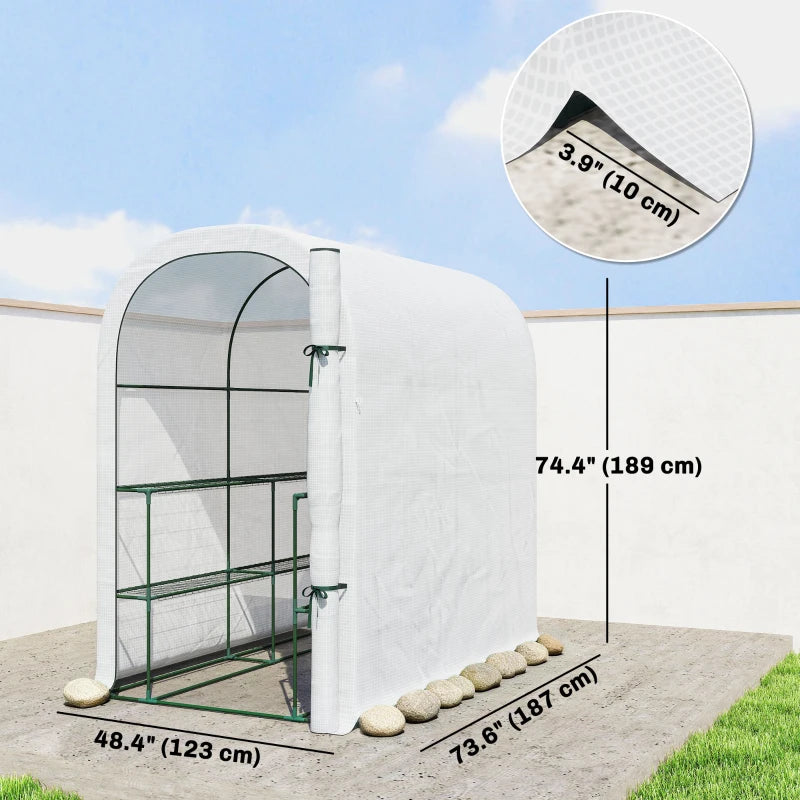 Walk-in Mini Greenhouse with Shelves, Portable Outdoor Greenhouse with Roll-up Door, 123 x 187 x 189 cm, White