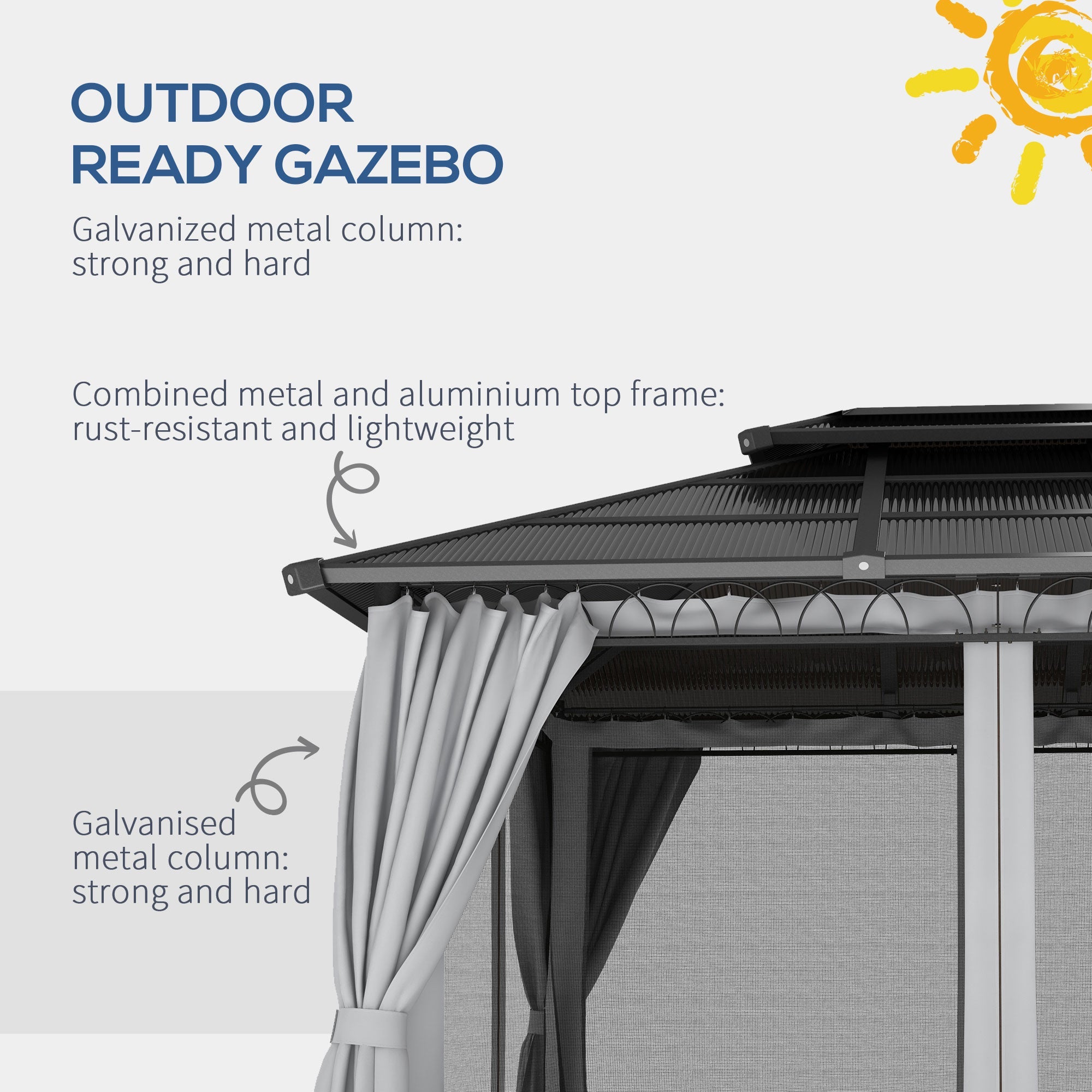 Outsunny Outdoor Hardtop Gazebo: 10'x12' Double PC Roof with Steel Frame, Nettings & Curtains, Grey